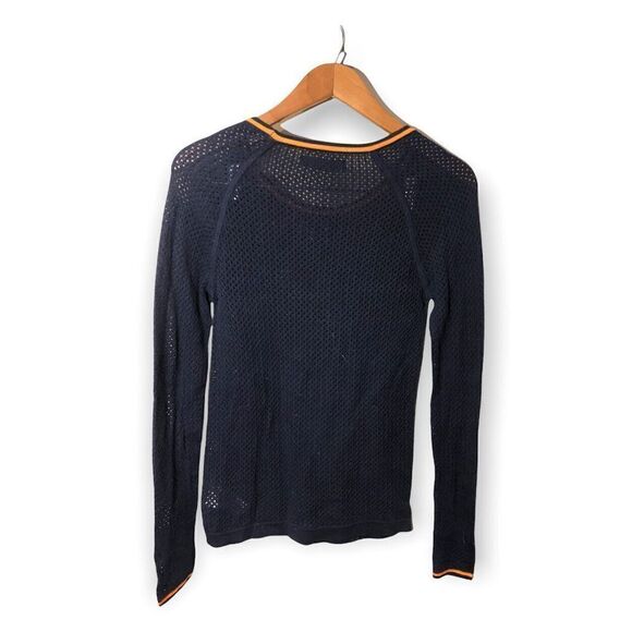 Velvet Scoop Neck Sweater Womens Small Perforated Navy Blue Orange‎ - Picture 2 of 4